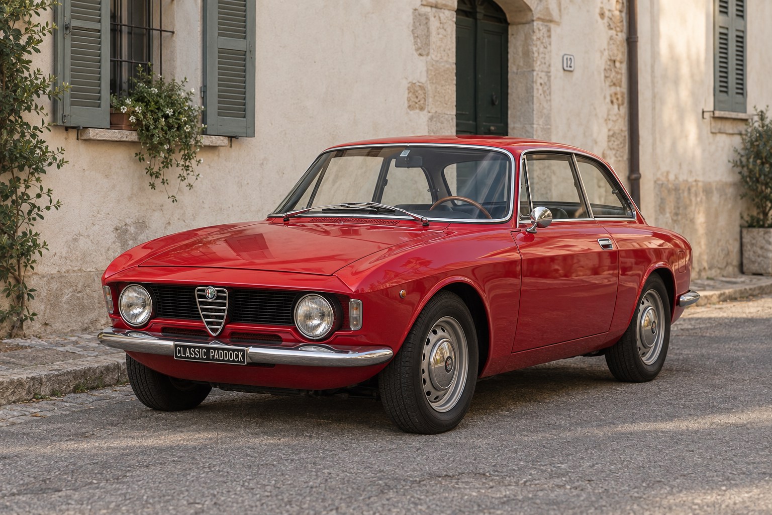 Ricostruzione editoriale di una Alfa Romeo GT 1300 Junior Scalino rossa, vista di tre quarti anteriore
